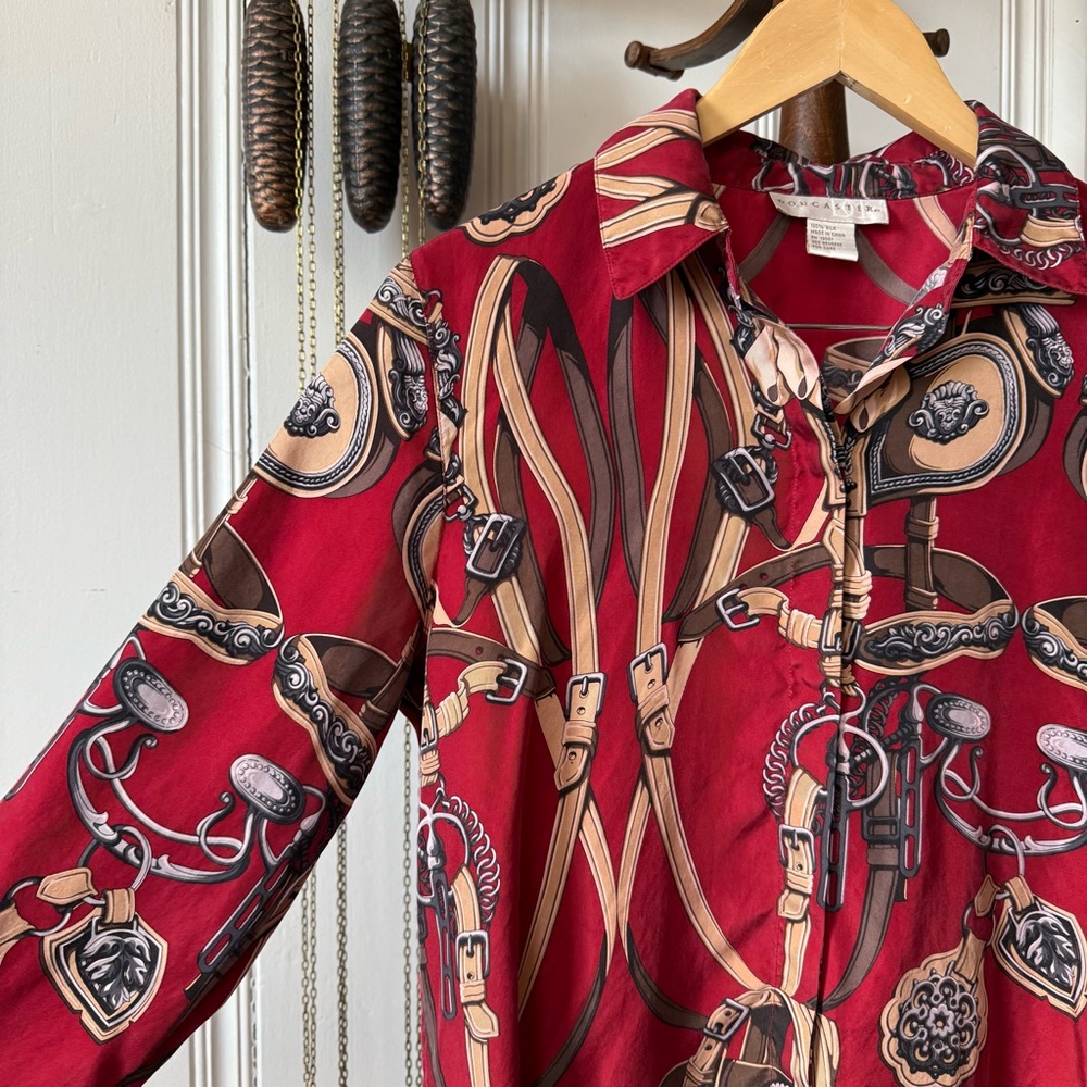 Vintage Silk Horse Bit Equestrian Print Red Button Down Blouse - Picture 4 of 5